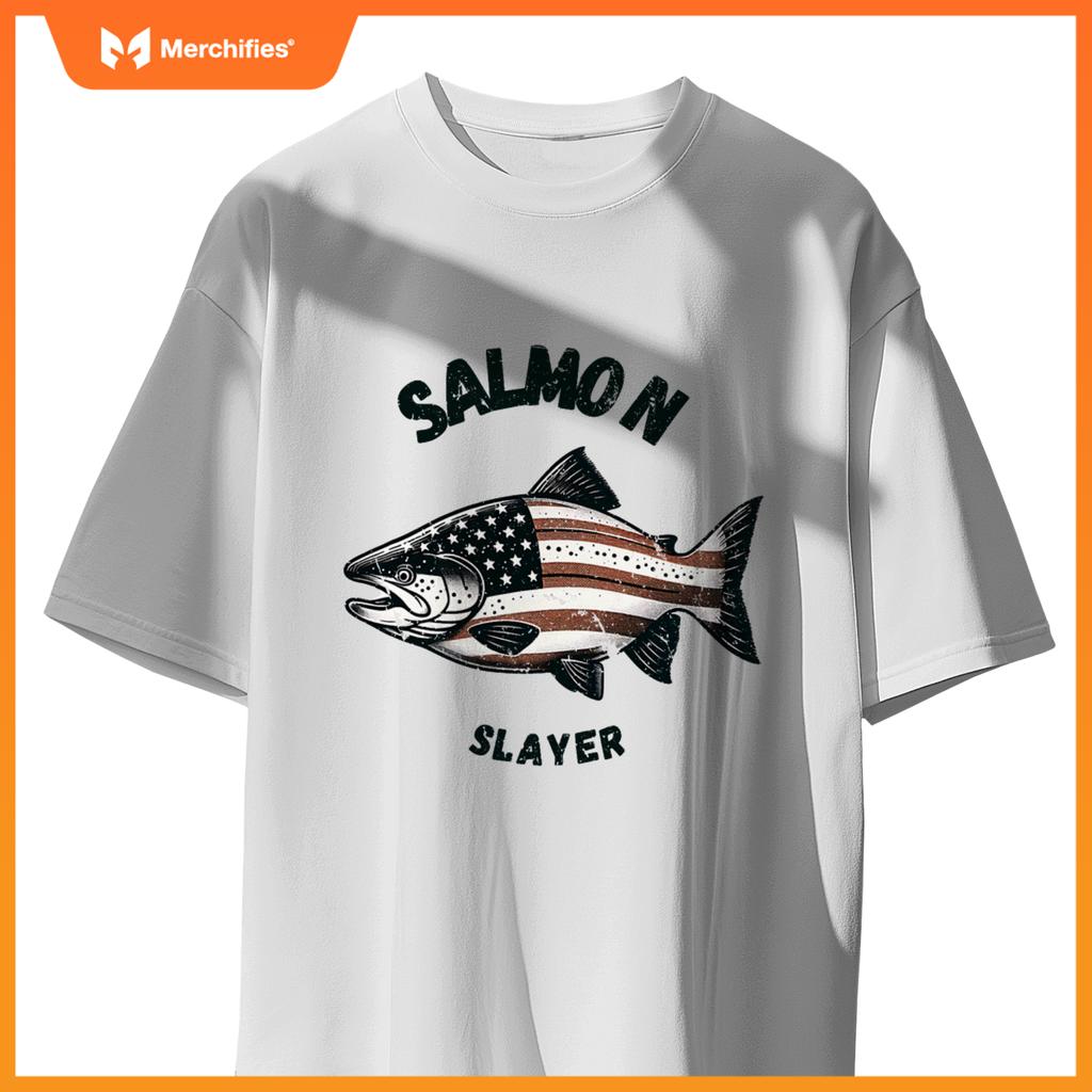 Salmon slayer fishing usa american flag patriotic T-Shirt