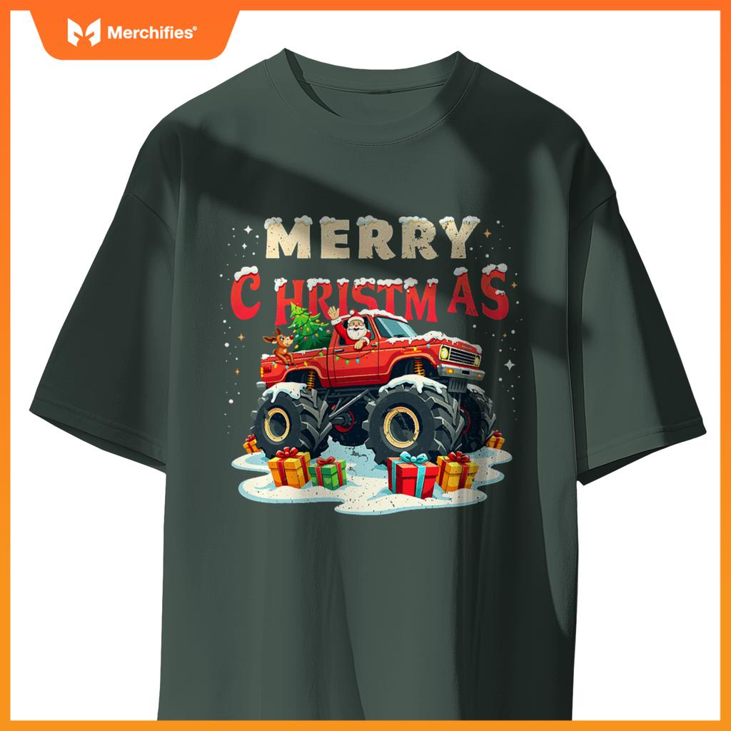 Santa Claus Monster Truck Merry Christmas Xmas Kids T-Shirt
