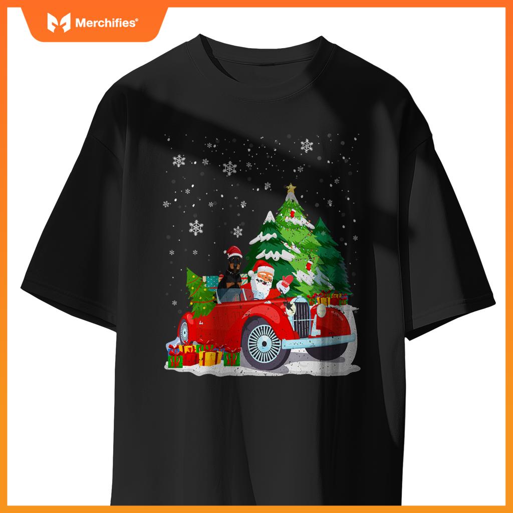 Santa Driving Christmas Car Doberman Santa Hat Novelty T-Shirt