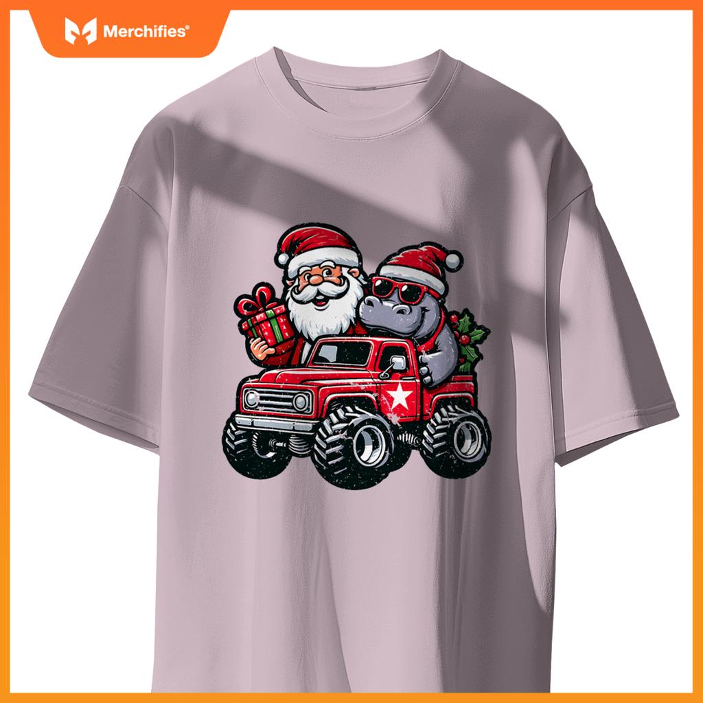 Santa, Hippopotamus Riding Monster Truck Christmas T-Shirt