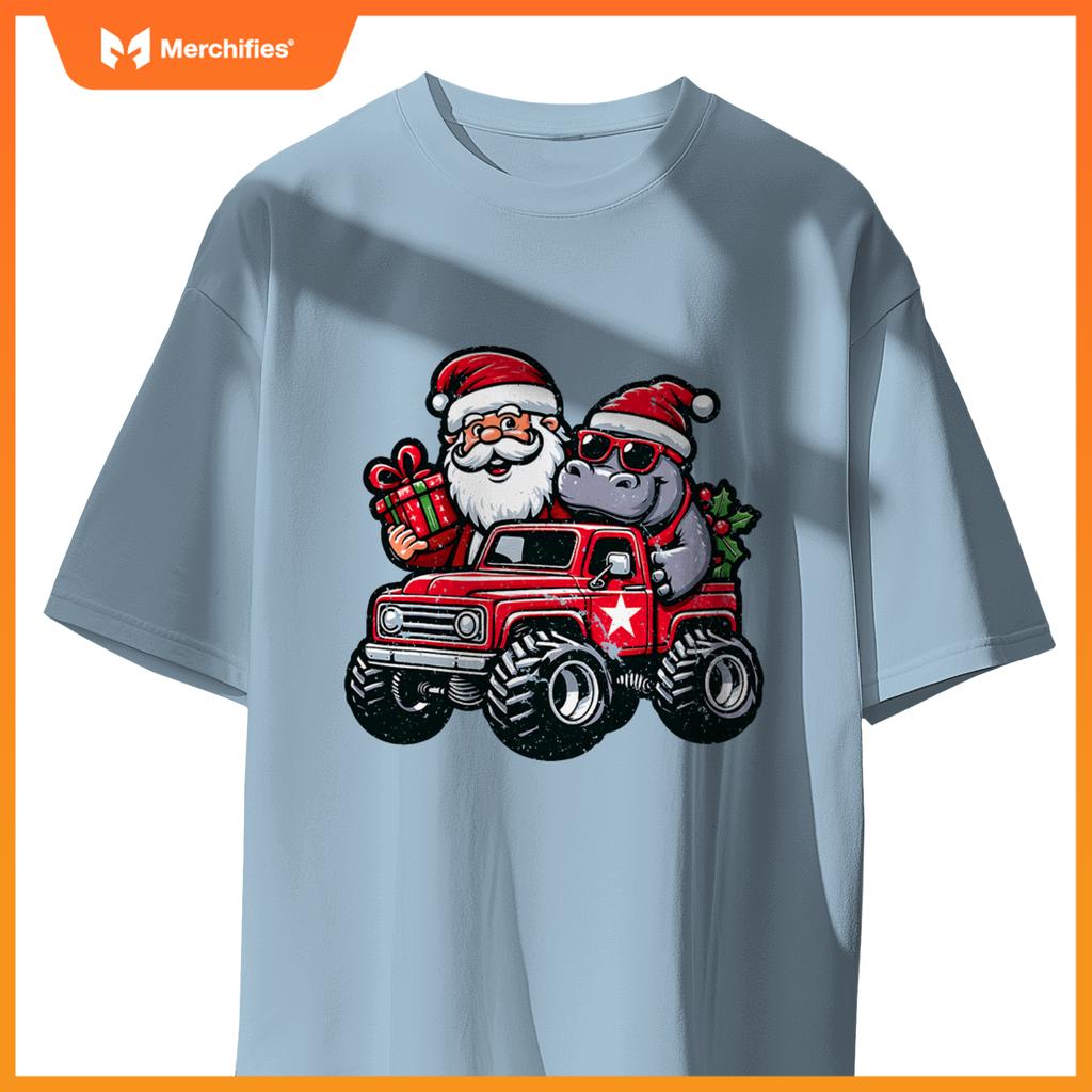 Santa, Hippopotamus Riding Monster Truck Christmas Pajamas T-Shirt