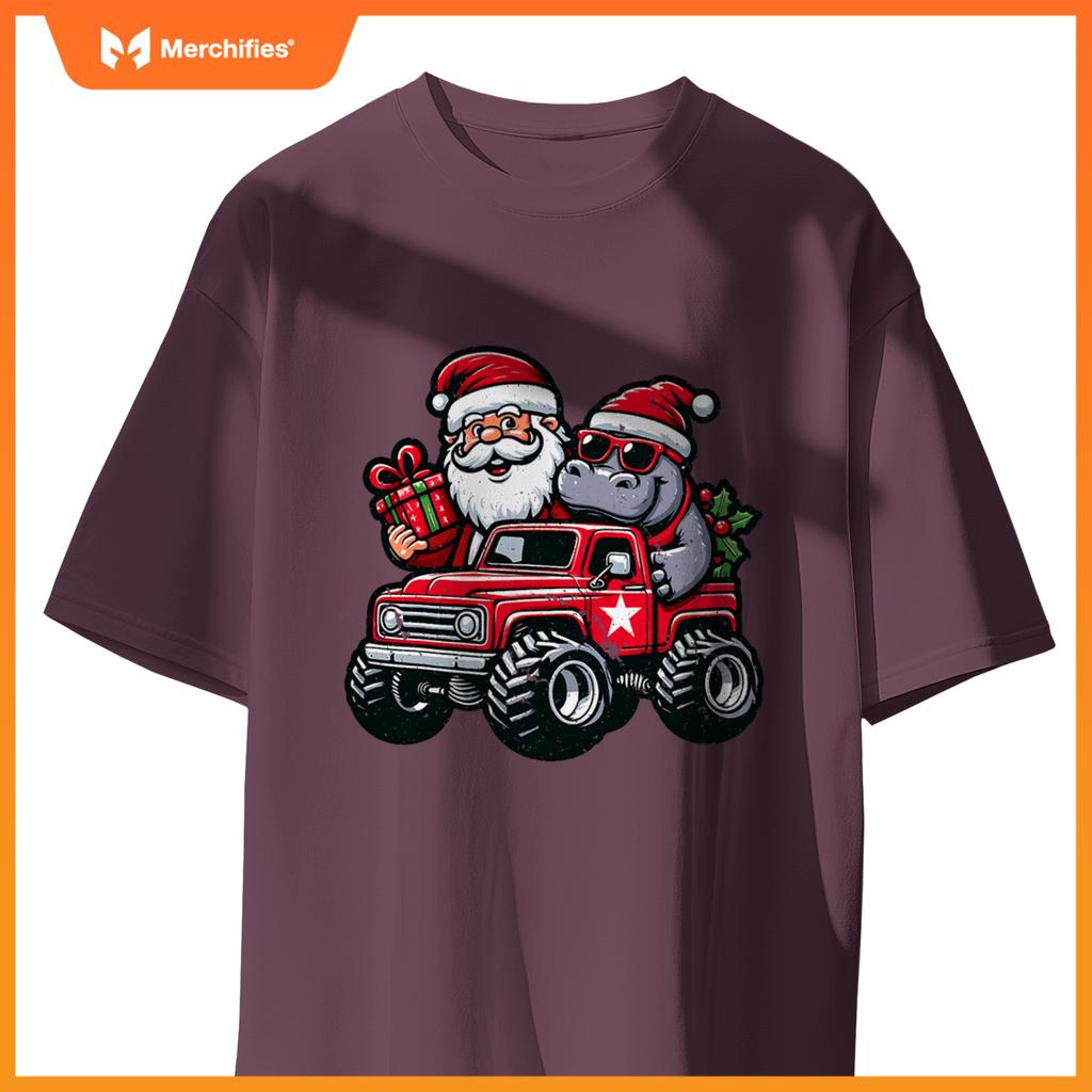 Santa, Hippopotamus Riding Monster Truck Christmas T-Shirt