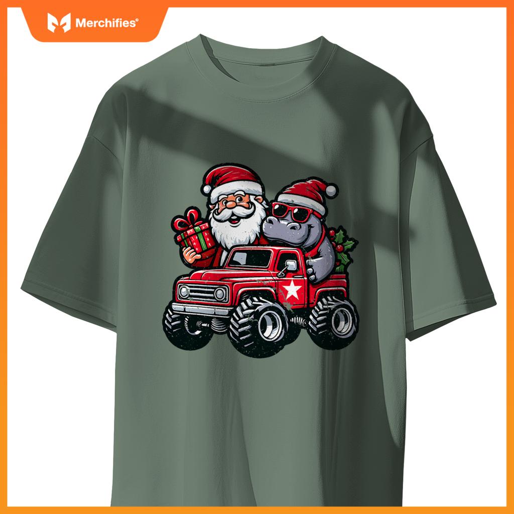 Santa, Hippopotamus Riding Monster Truck Christmas Pajamas T-Shirt