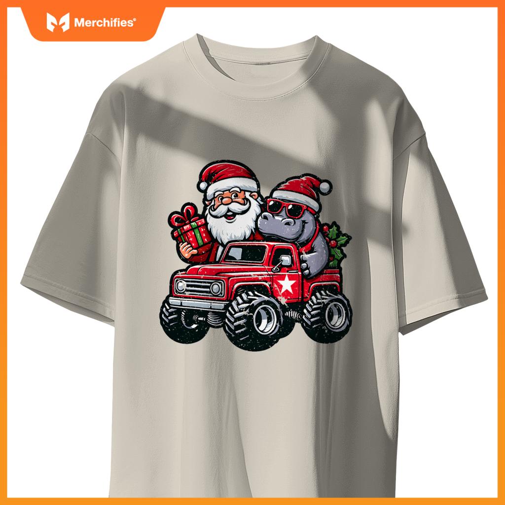 Santa, Hippopotamus Riding Monster Truck Christmas Pajamas T-Shirt