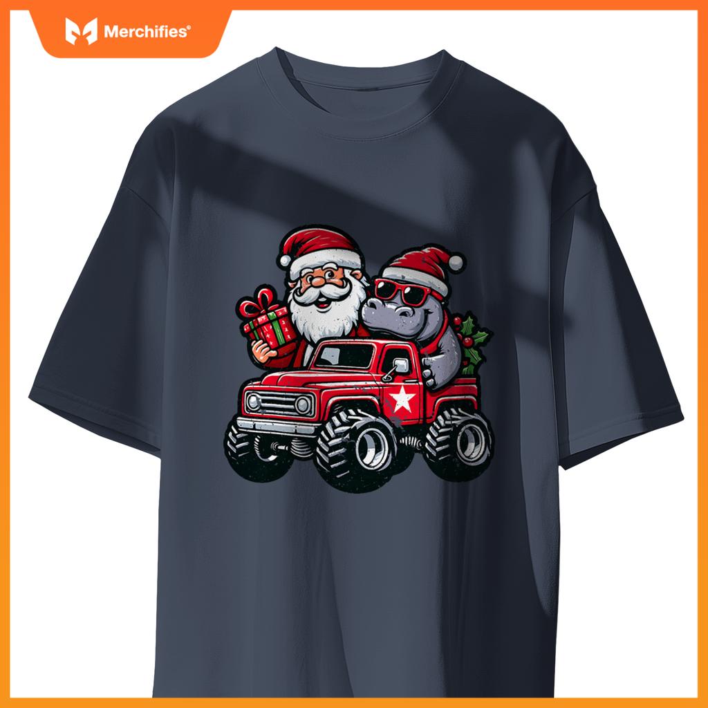 Santa, Hippopotamus Riding Monster Truck Christmas Pajamas T-Shirt