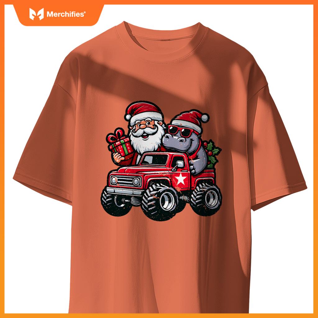 Santa, Hippopotamus Riding Monster Truck Christmas T-Shirt