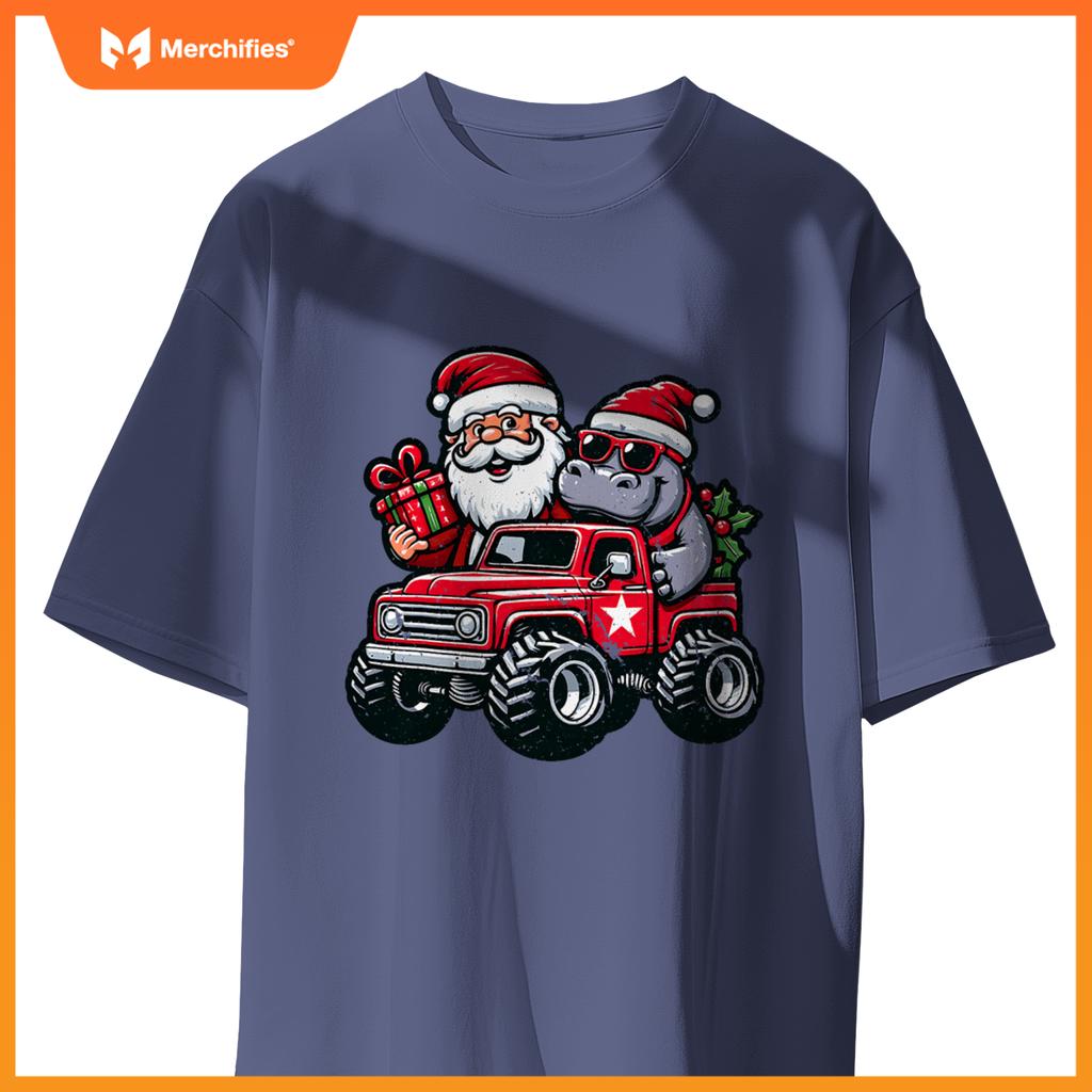 Santa, Hippopotamus Riding Monster Truck Christmas Pajamas T-Shirt