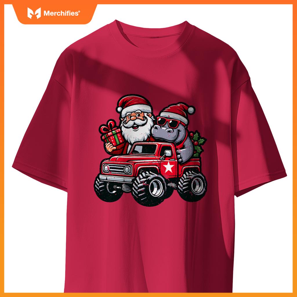 Santa, Hippopotamus Riding Monster Truck Christmas Pajamas T-Shirt