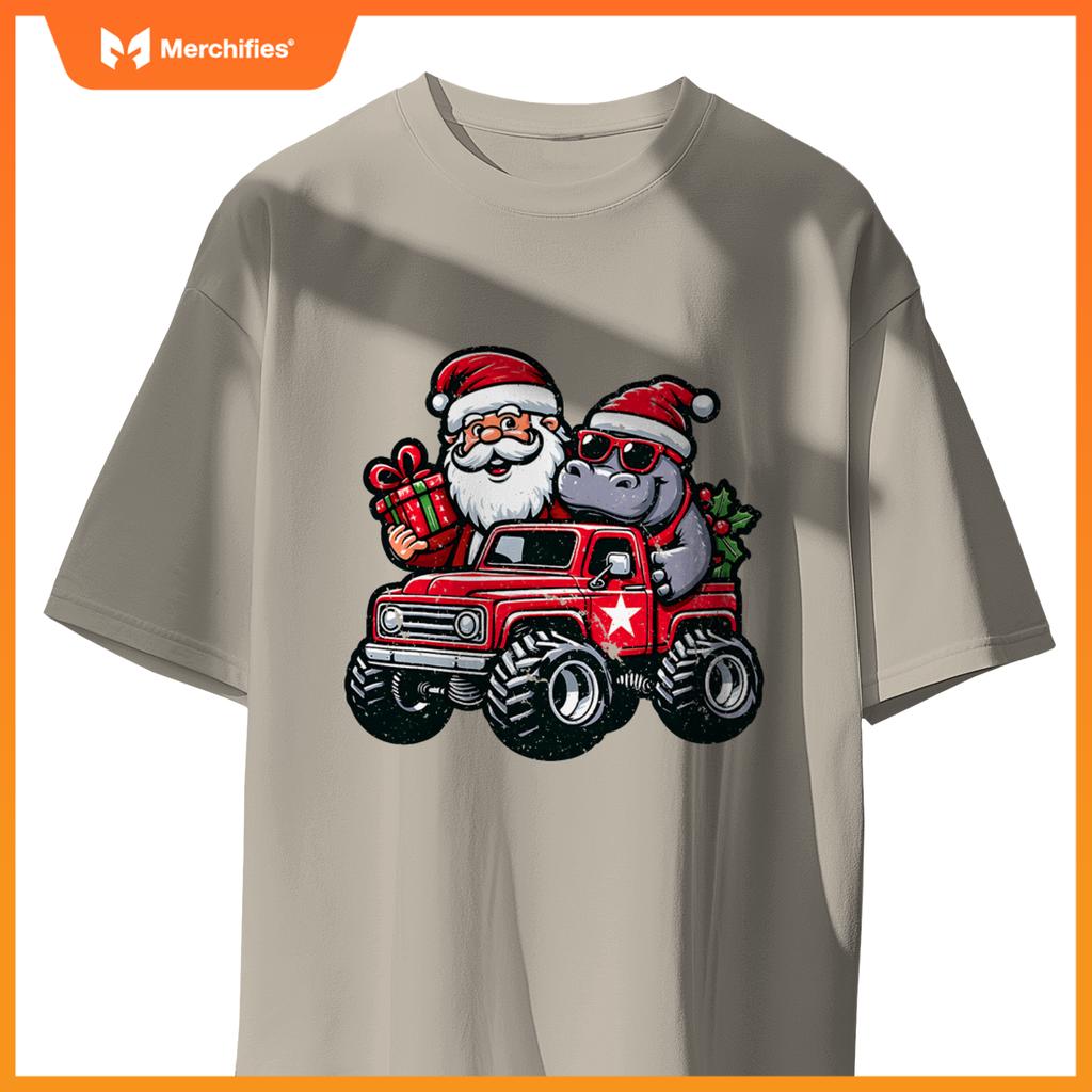 Santa, Hippopotamus Riding Monster Truck Christmas Pajamas T-Shirt