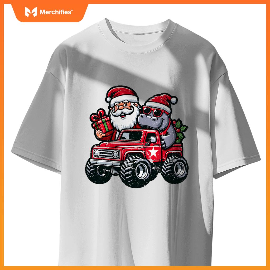 Santa, Hippopotamus Riding Monster Truck Christmas Pajamas T-Shirt