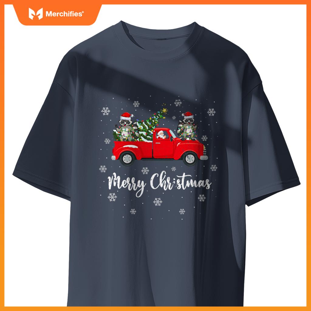 Santa Riding Christmas Tree Truck Raccoon Christmas T-Shirt
