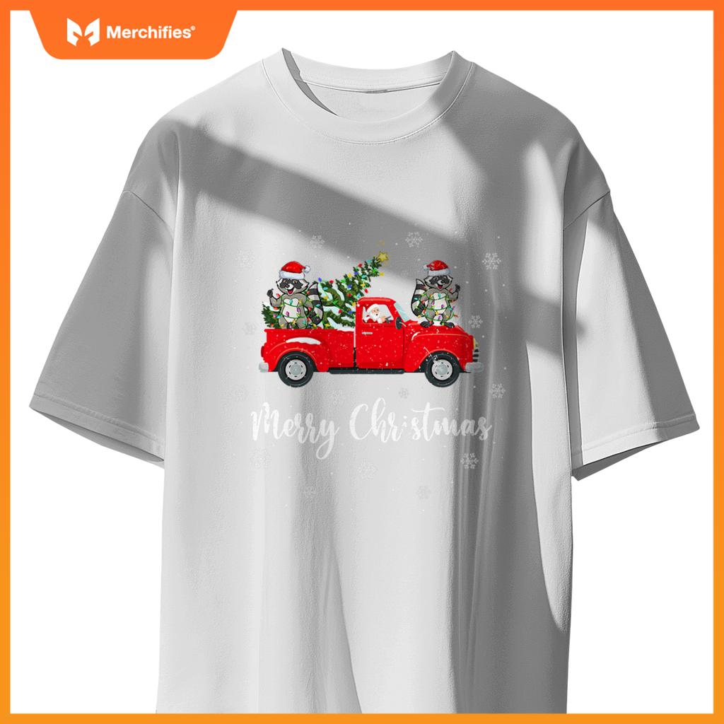 Santa Riding Christmas Tree Truck Raccoon Christmas T-Shirt