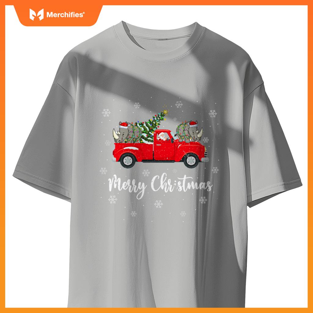 Santa Riding Christmas Tree Truck Rhino Christmas T-Shirt