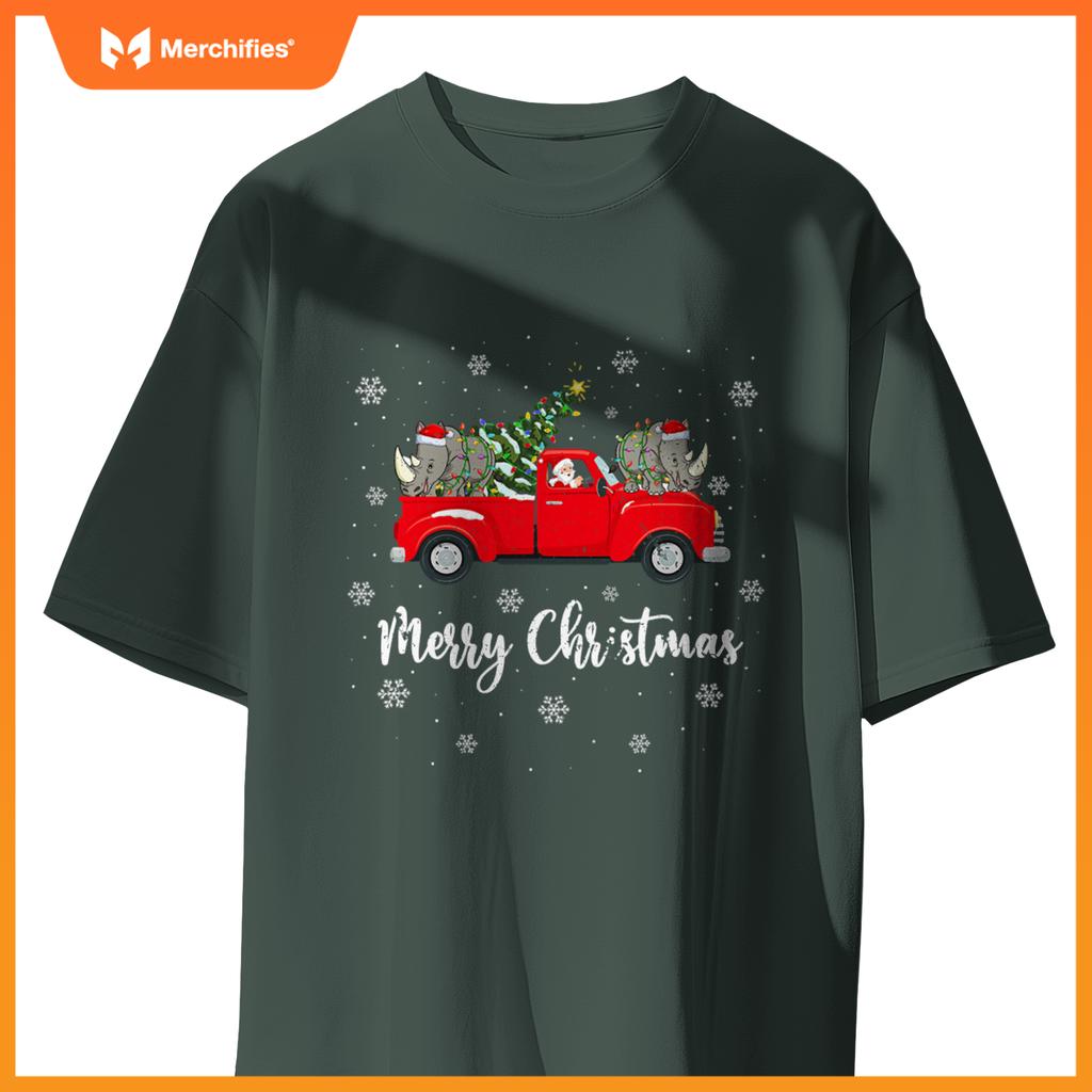 Santa Riding Christmas Tree Truck Rhino Christmas T-Shirt