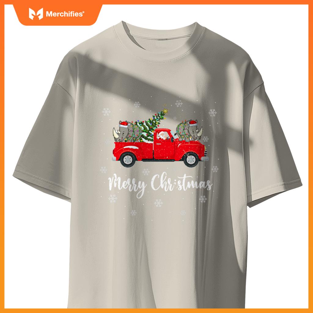 Santa Riding Christmas Tree Truck Rhino Christmas T-Shirt