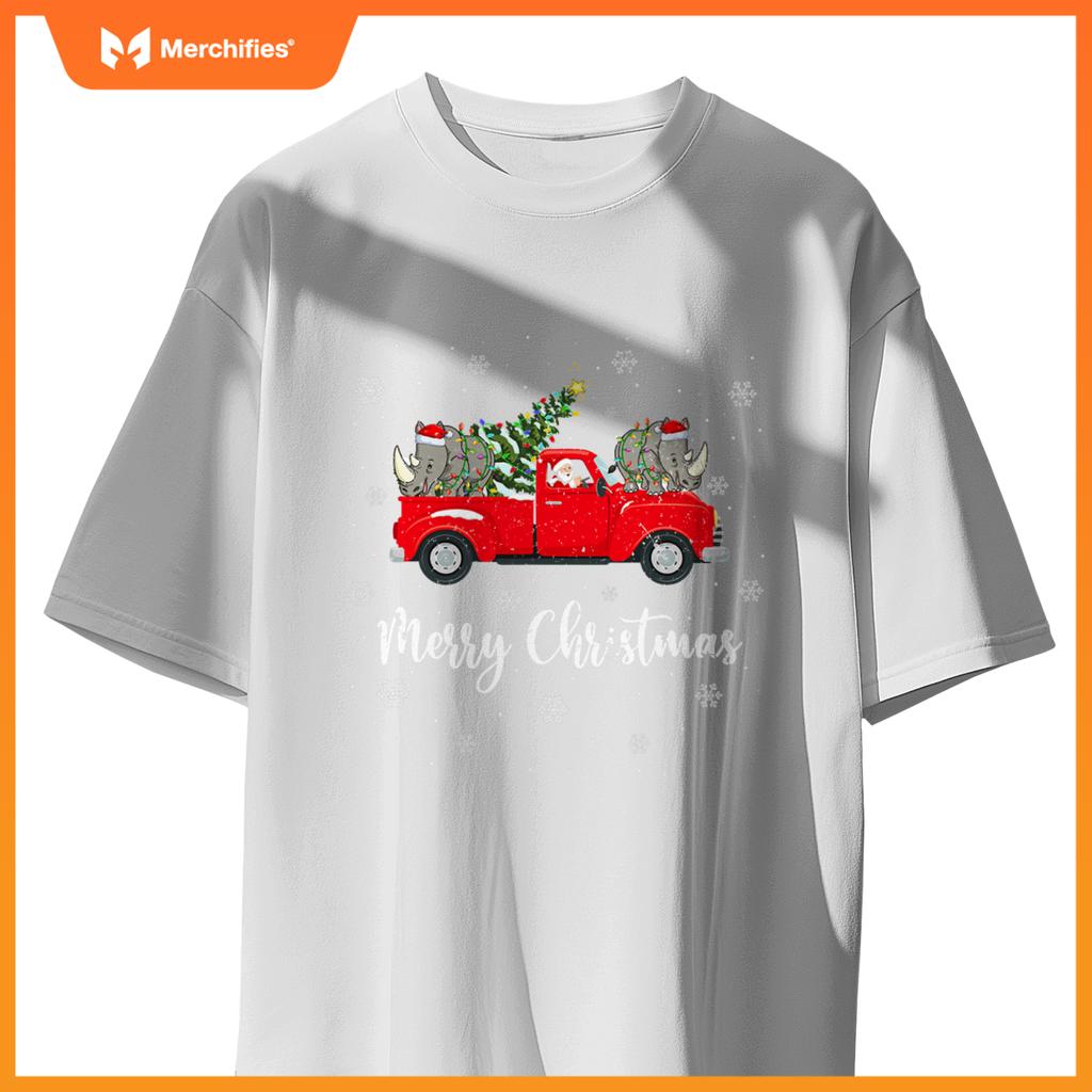 Santa Riding Christmas Tree Truck Rhino Christmas T-Shirt