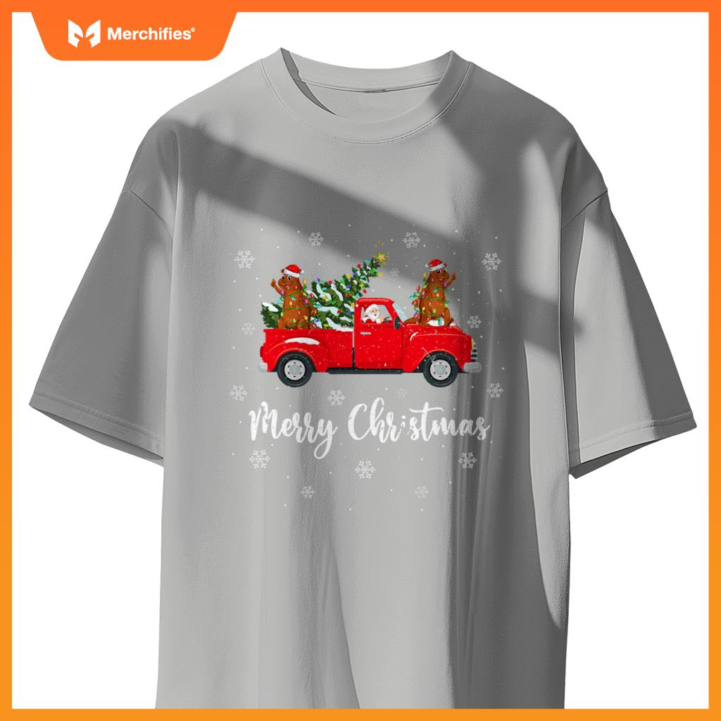 Santa Riding Christmas Tree Truck Sea Otter Christmas T-Shirt