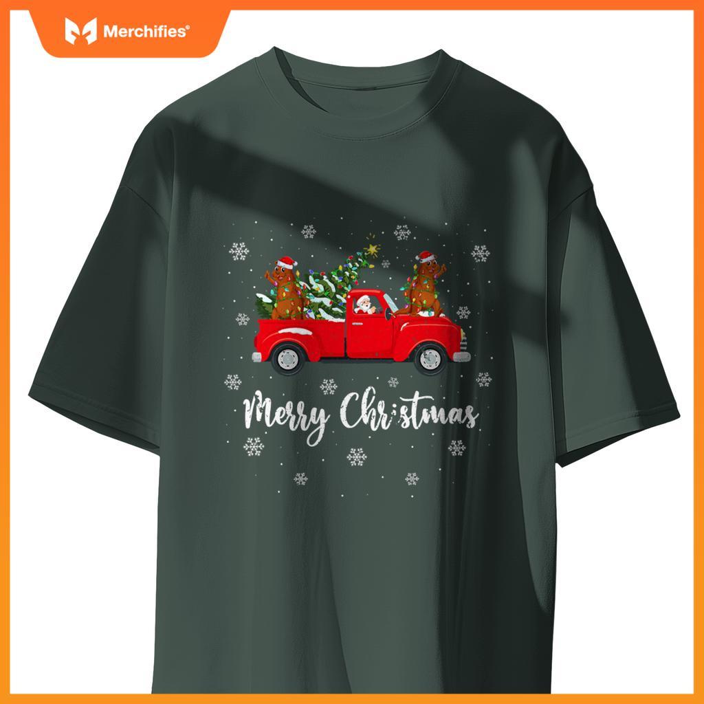 Santa Riding Christmas Tree Truck Sea Otter Christmas T-Shirt