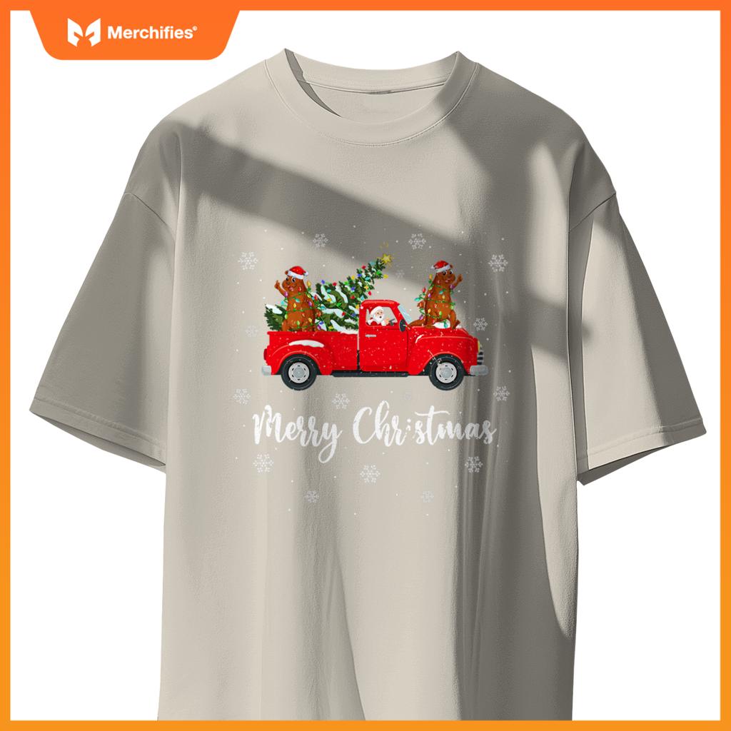 Santa Riding Christmas Tree Truck Sea Otter Christmas T-Shirt