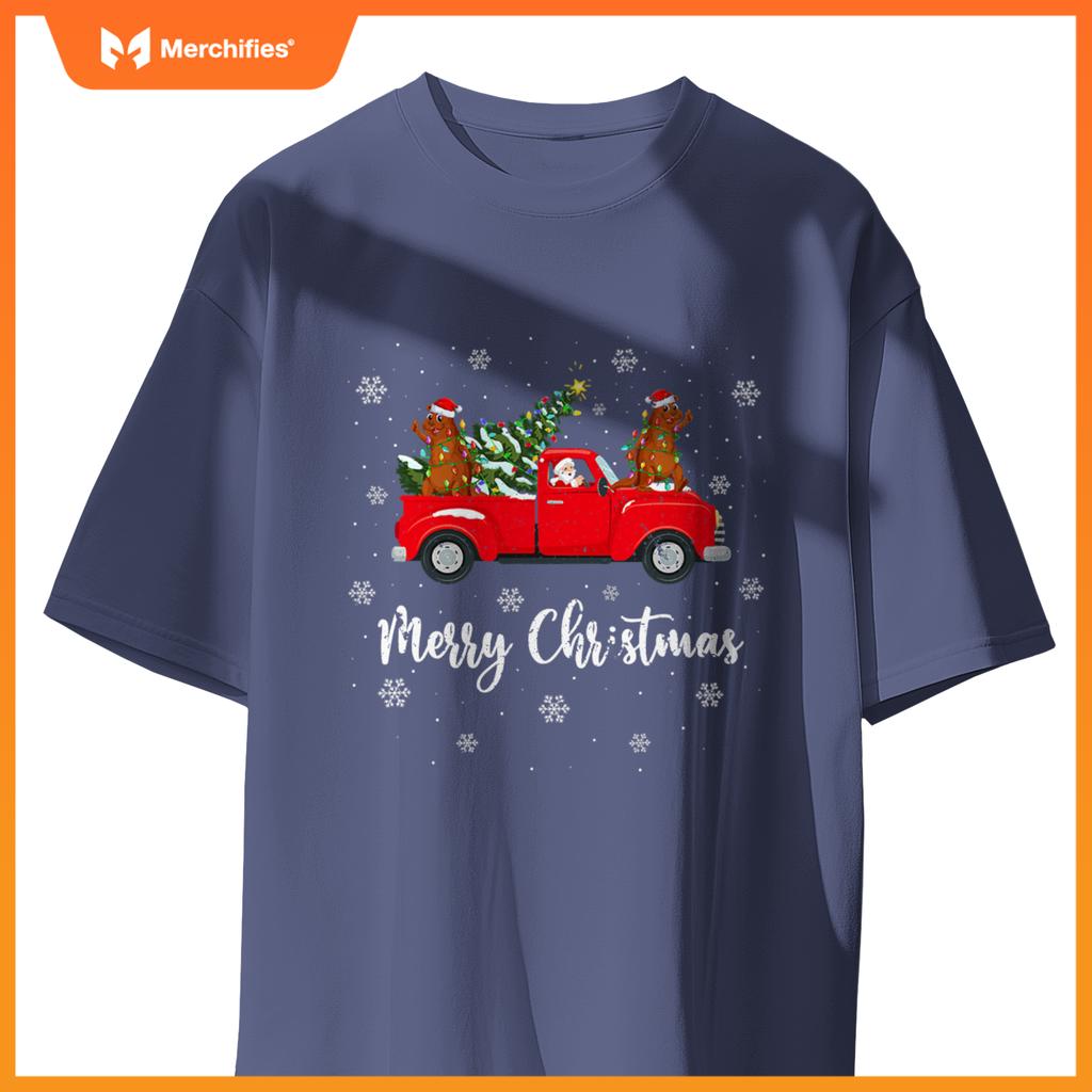 Santa Riding Christmas Tree Truck Sea Otter Christmas T-Shirt