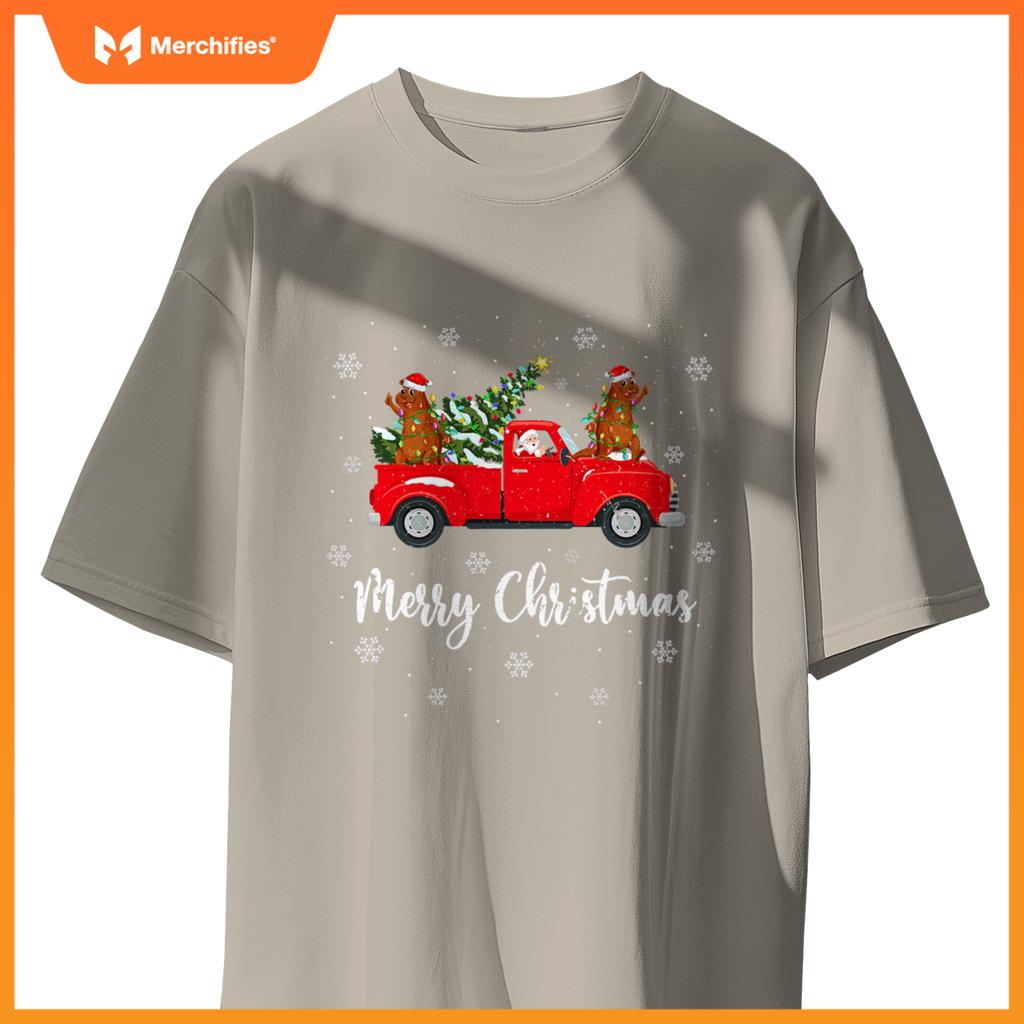 Santa Riding Christmas Tree Truck Sea Otter Christmas T-Shirt