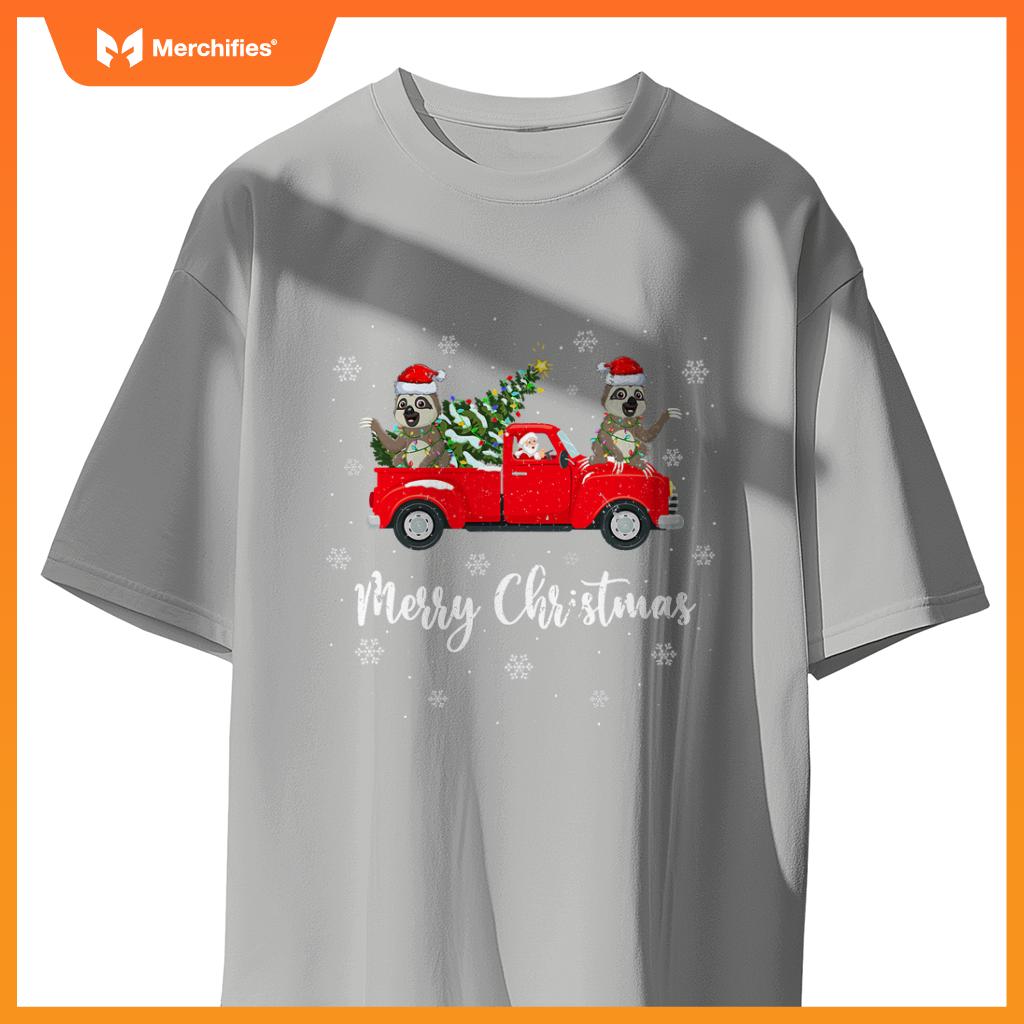 Santa Riding Christmas Tree Truck Sloth Christmas T-Shirt