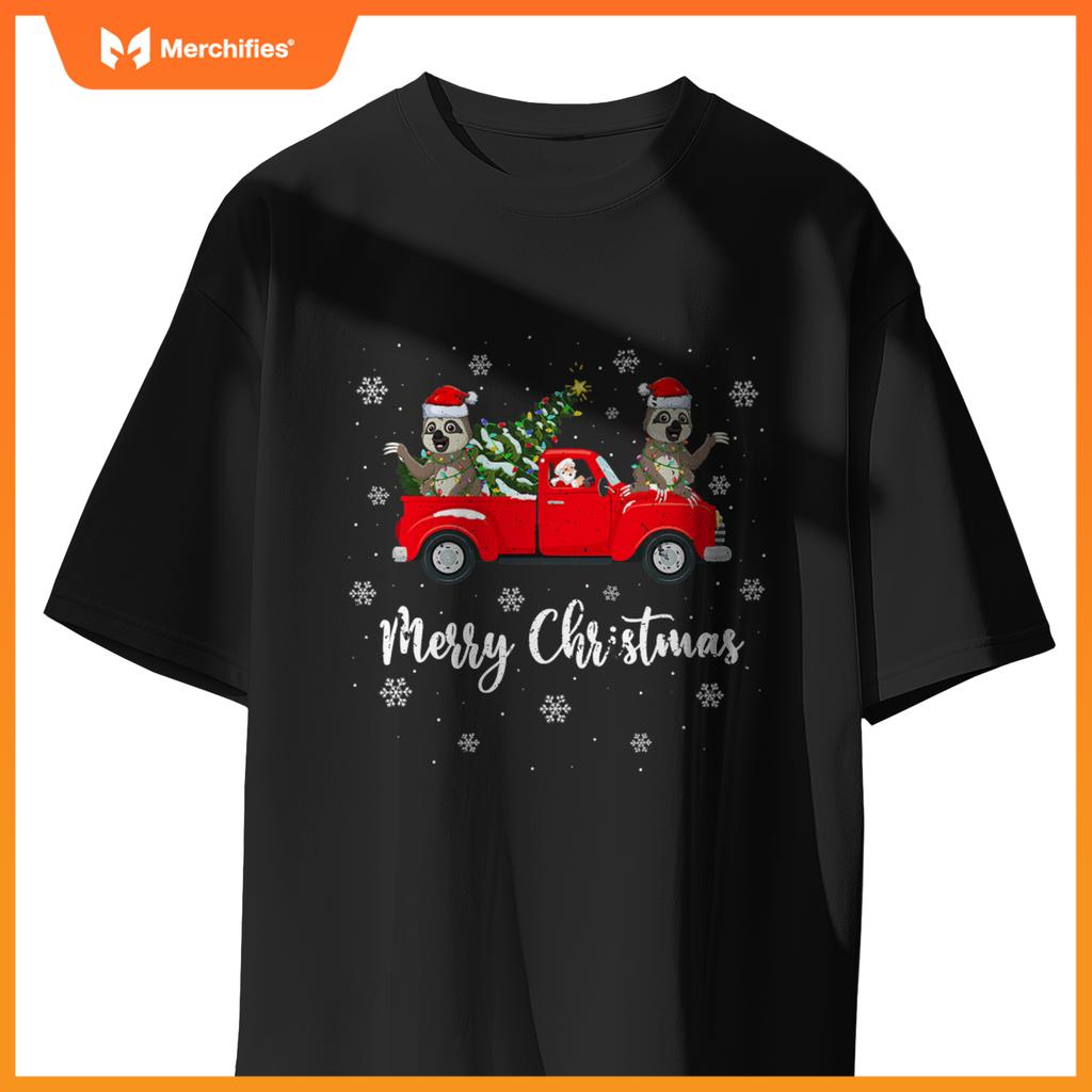 Santa Riding Christmas Tree Truck Sloth Christmas T-Shirt