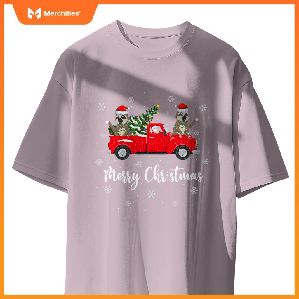 Santa Riding Christmas Tree Truck Sloth Christmas T-Shirt