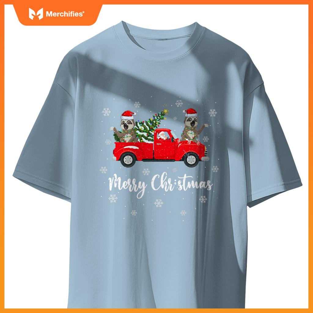 Santa Riding Christmas Tree Truck Sloth Christmas T-Shirt