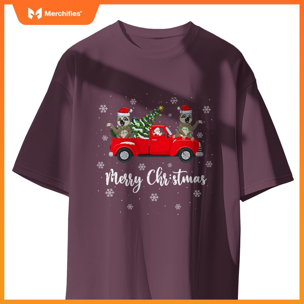 Santa Riding Christmas Tree Truck Sloth Christmas T-Shirt