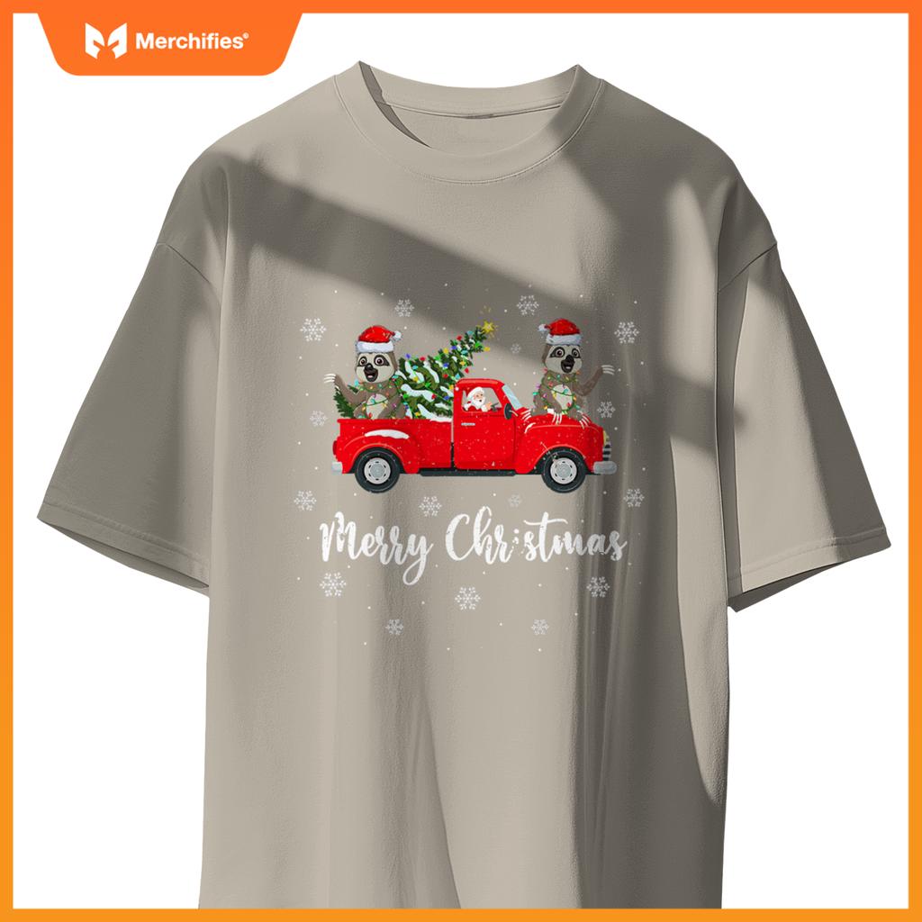 Santa Riding Christmas Tree Truck Sloth Christmas T-Shirt