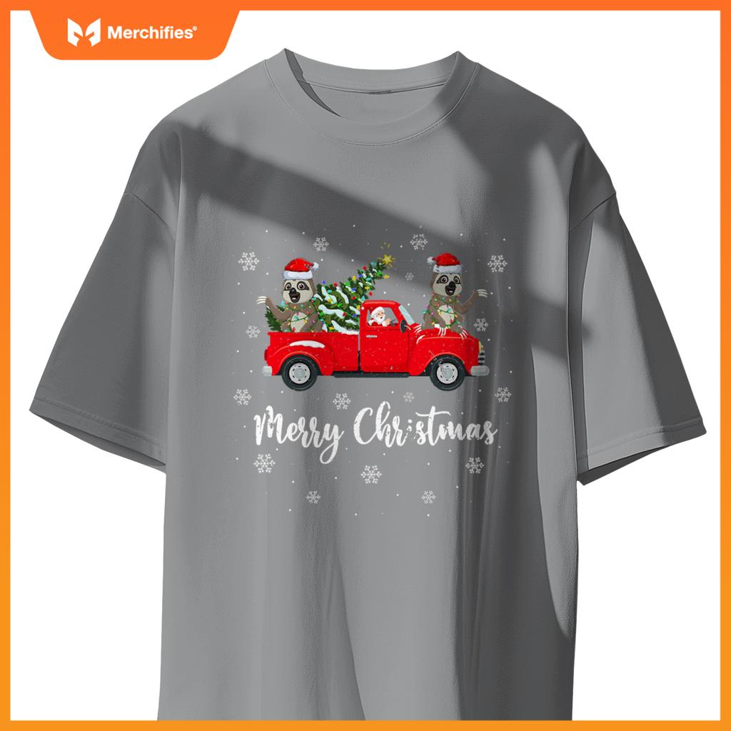 Santa Riding Christmas Tree Truck Sloth Christmas T-Shirt
