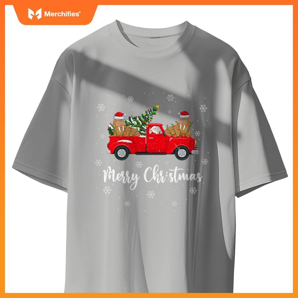 Santa Riding Christmas Tree Truck Walrus Christmas T-Shirt