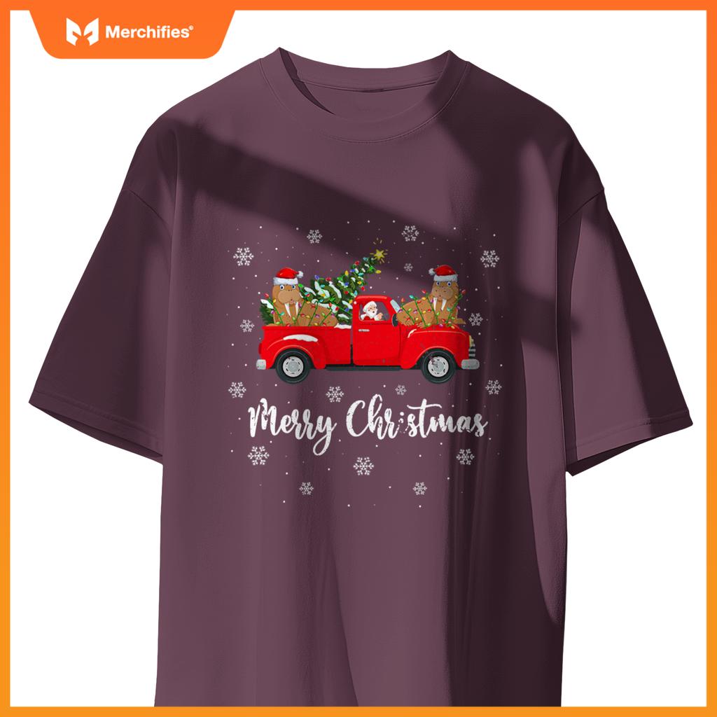 Santa Riding Christmas Tree Truck Walrus Christmas T-Shirt