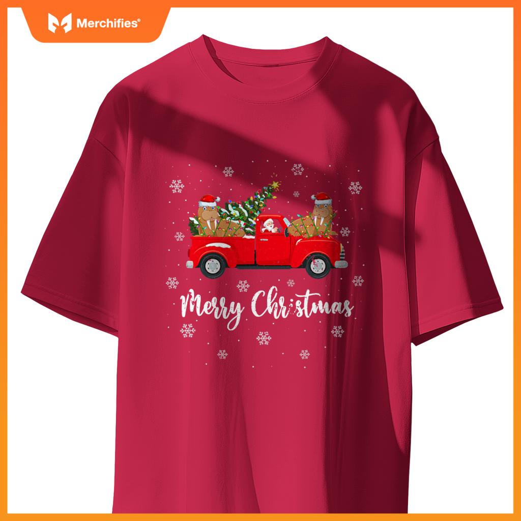 Santa Riding Christmas Tree Truck Walrus Christmas T-Shirt