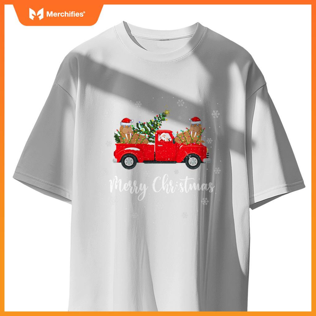 Santa Riding Christmas Tree Truck Walrus Christmas T-Shirt