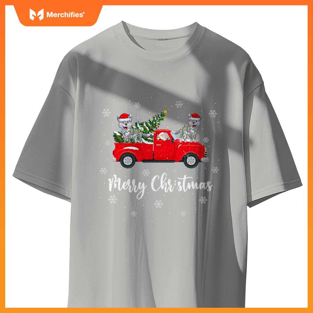 Santa Riding Christmas Tree Truck Wolf Christmas T-Shirt