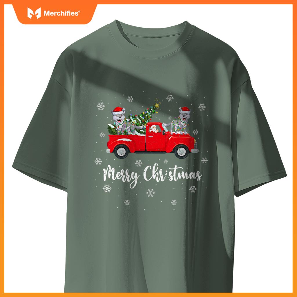 Santa Riding Christmas Tree Truck Wolf Christmas T-Shirt