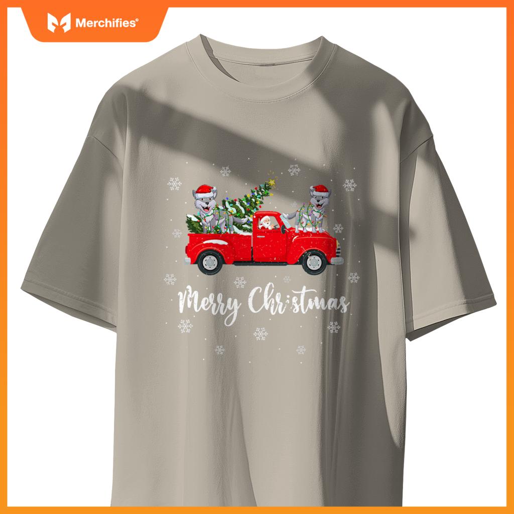 Santa Riding Christmas Tree Truck Wolf Christmas T-Shirt