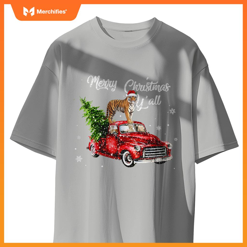 Santa Tiger Ride Red Truck Ugly Sweater Christmas Pajama Boy T-Shirt