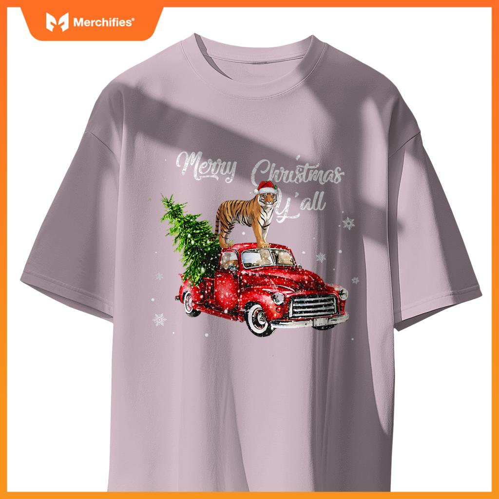 Santa Tiger Ride Red Truck Ugly Sweater Christmas Pajama Boy T-Shirt