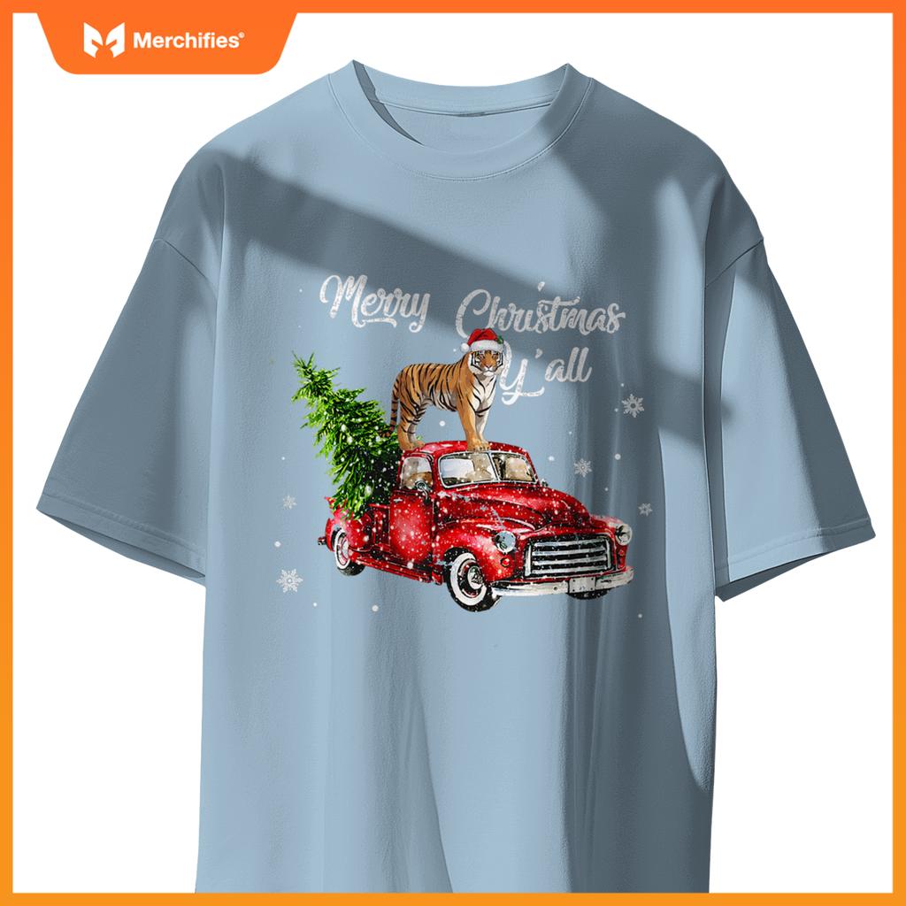 Santa Tiger Ride Red Truck Ugly Sweater Christmas Pajama Boy T-Shirt