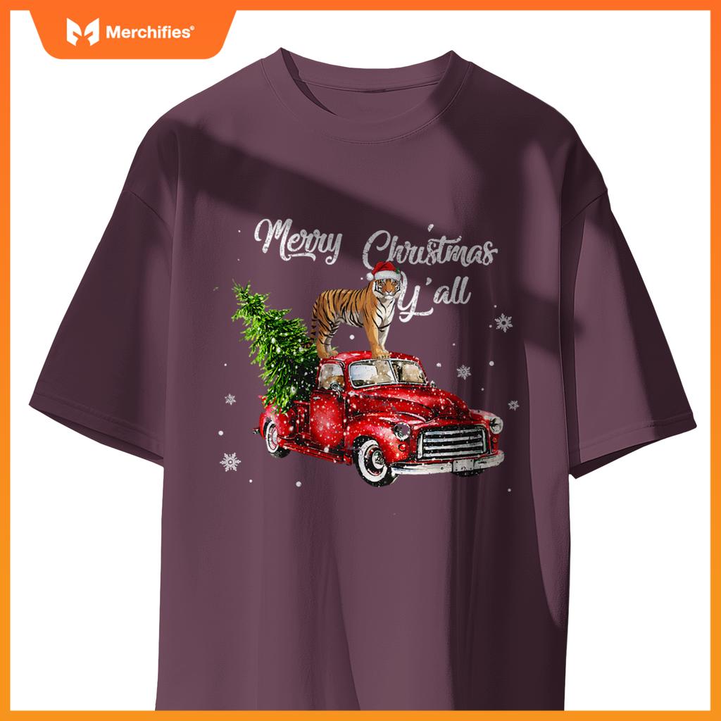 Santa Tiger Ride Red Truck Ugly Sweater Christmas Pajama Boy T-Shirt