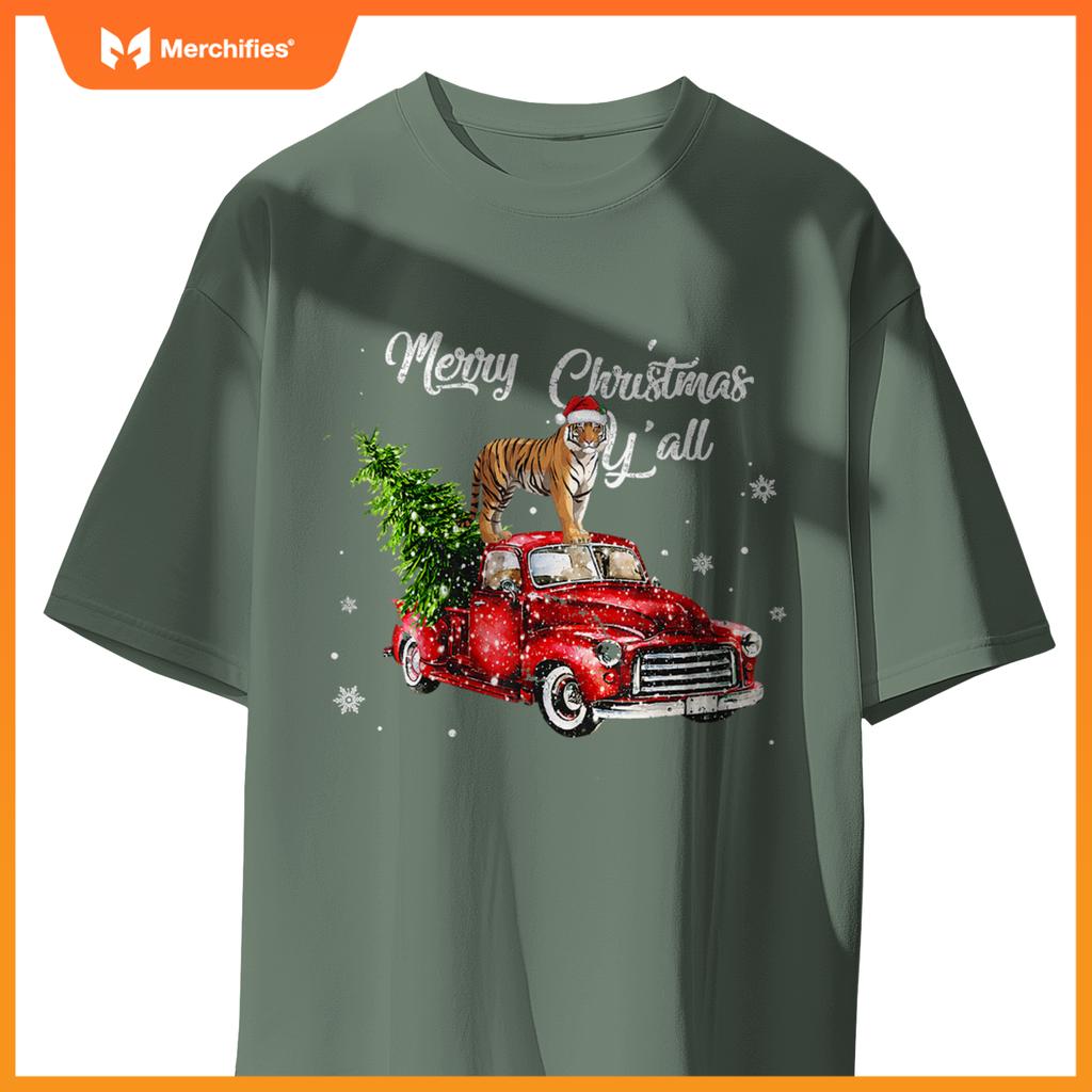 Santa Tiger Ride Red Truck Ugly Sweater Christmas Pajama Boy T-Shirt