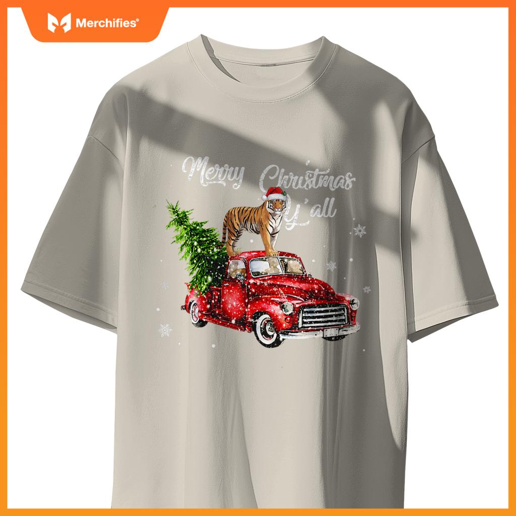 Santa Tiger Ride Red Truck Ugly Sweater Christmas Pajama Boy T-Shirt