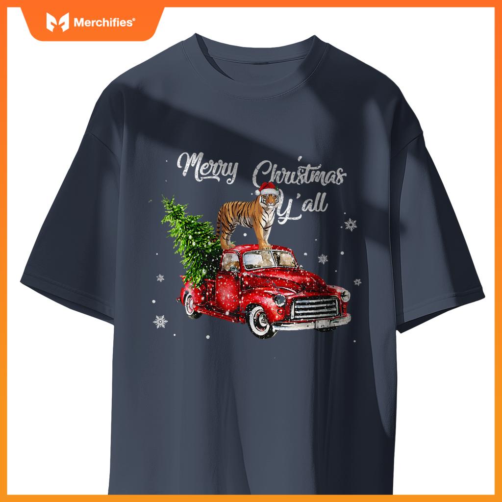 Santa Tiger Ride Red Truck Ugly Sweater Christmas Pajama Boy T-Shirt