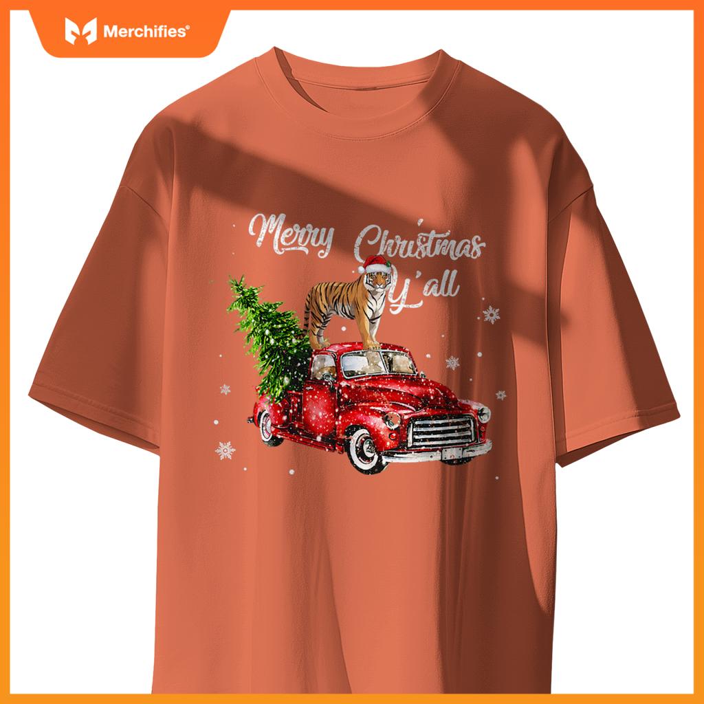 Santa Tiger Ride Red Truck Ugly Sweater Christmas Pajama Boy T-Shirt