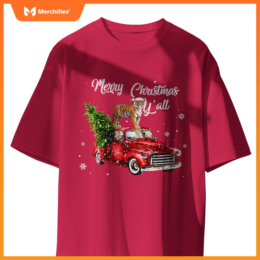 Santa Tiger Ride Red Truck Ugly Sweater Christmas Pajama Boy T-Shirt