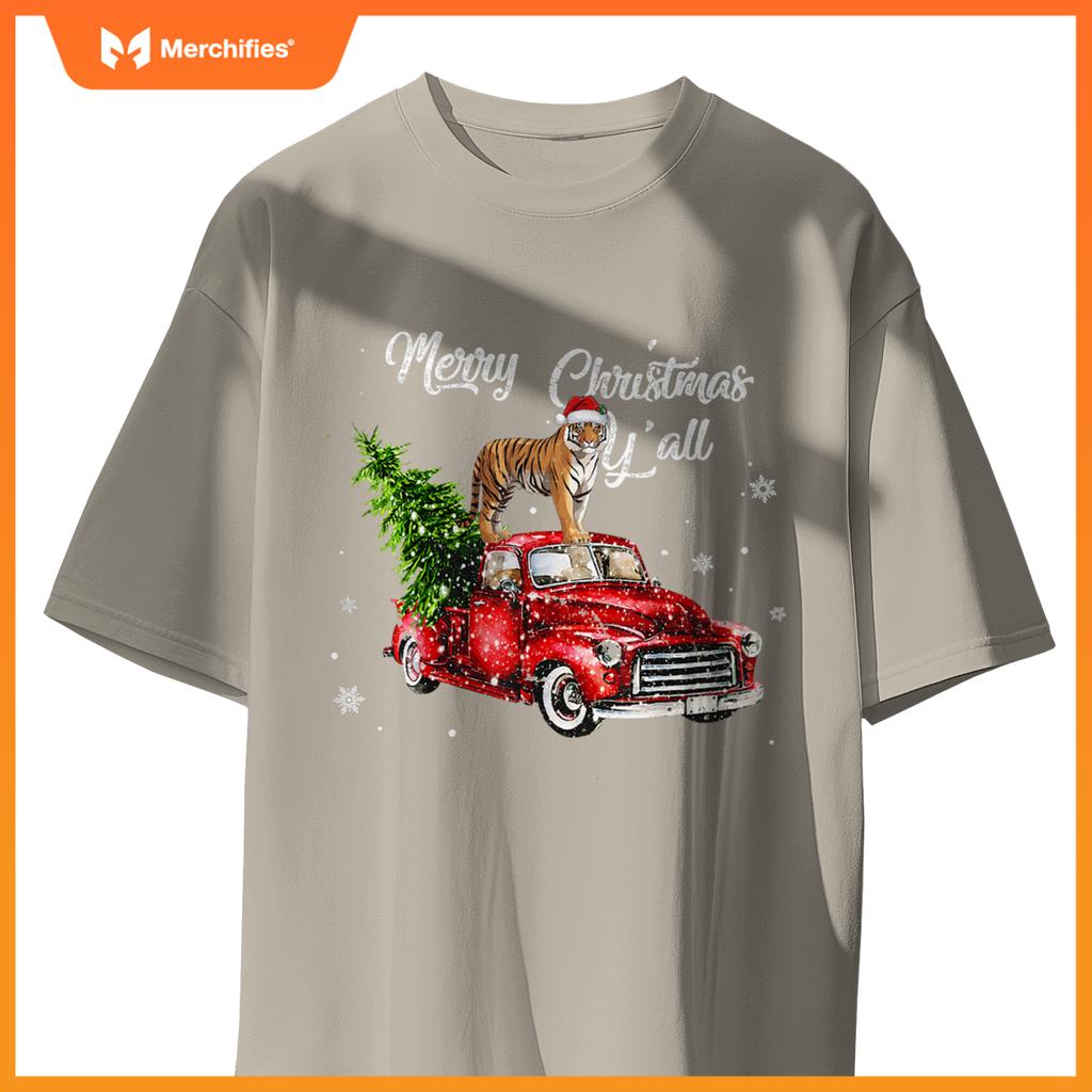 Santa Tiger Ride Red Truck Ugly Sweater Christmas Pajama Boy T-Shirt