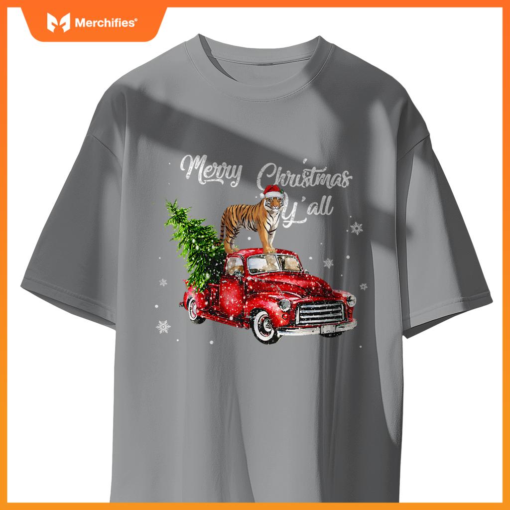 Santa Tiger Ride Red Truck Ugly Sweater Christmas Pajama Boy T-Shirt